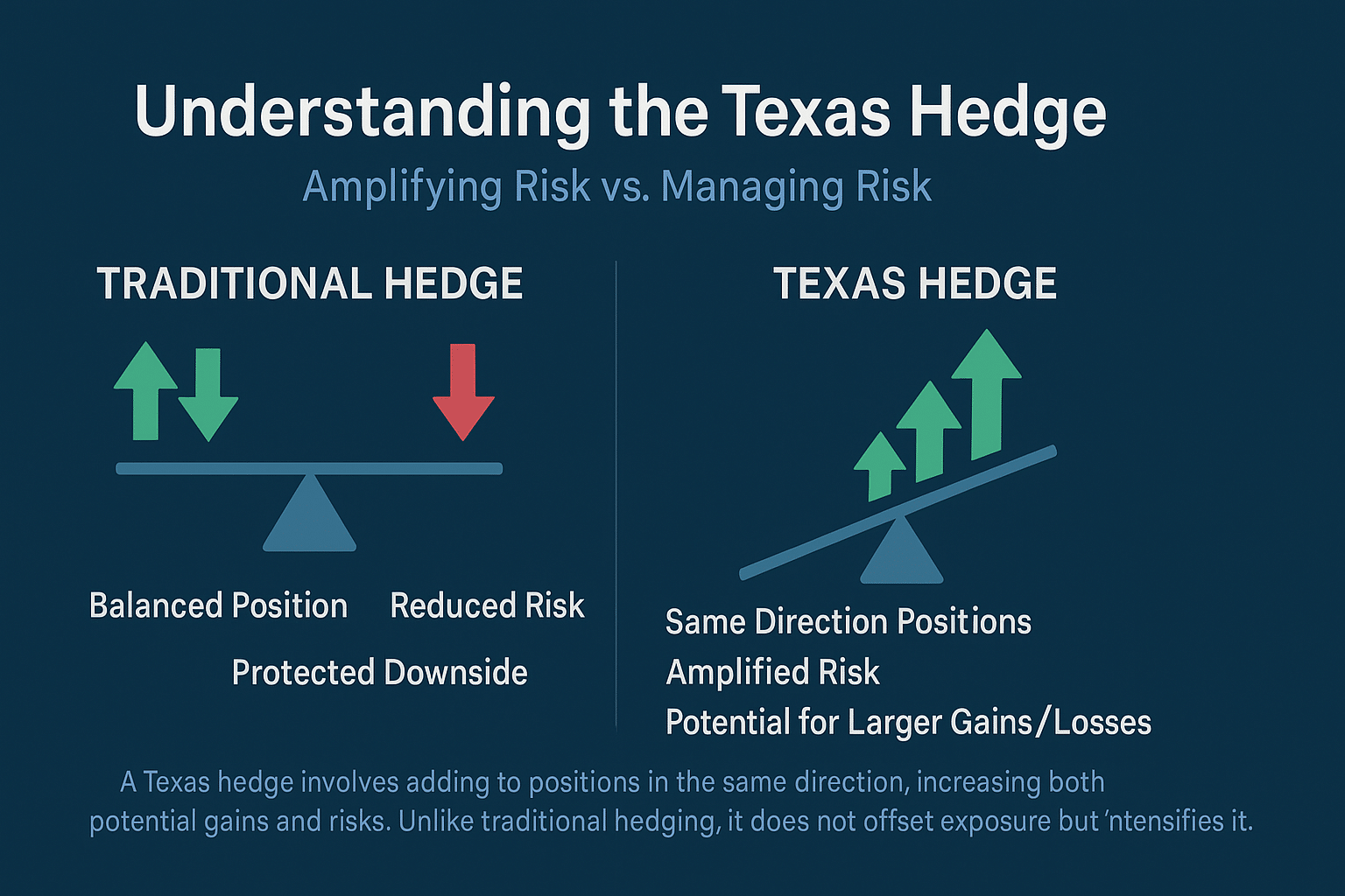 Visual comparison of Texas Hedge vs. Traditional Hedge showing amplified risk versus balanced positions
